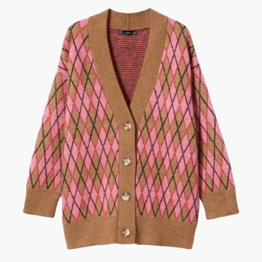 Mango Argyle Oversized Cardigan - M - NWT